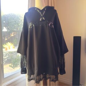 Ermanno Scervino Oversized Logo Hoodie With Sheer Lace Sleeves and Hem 44
